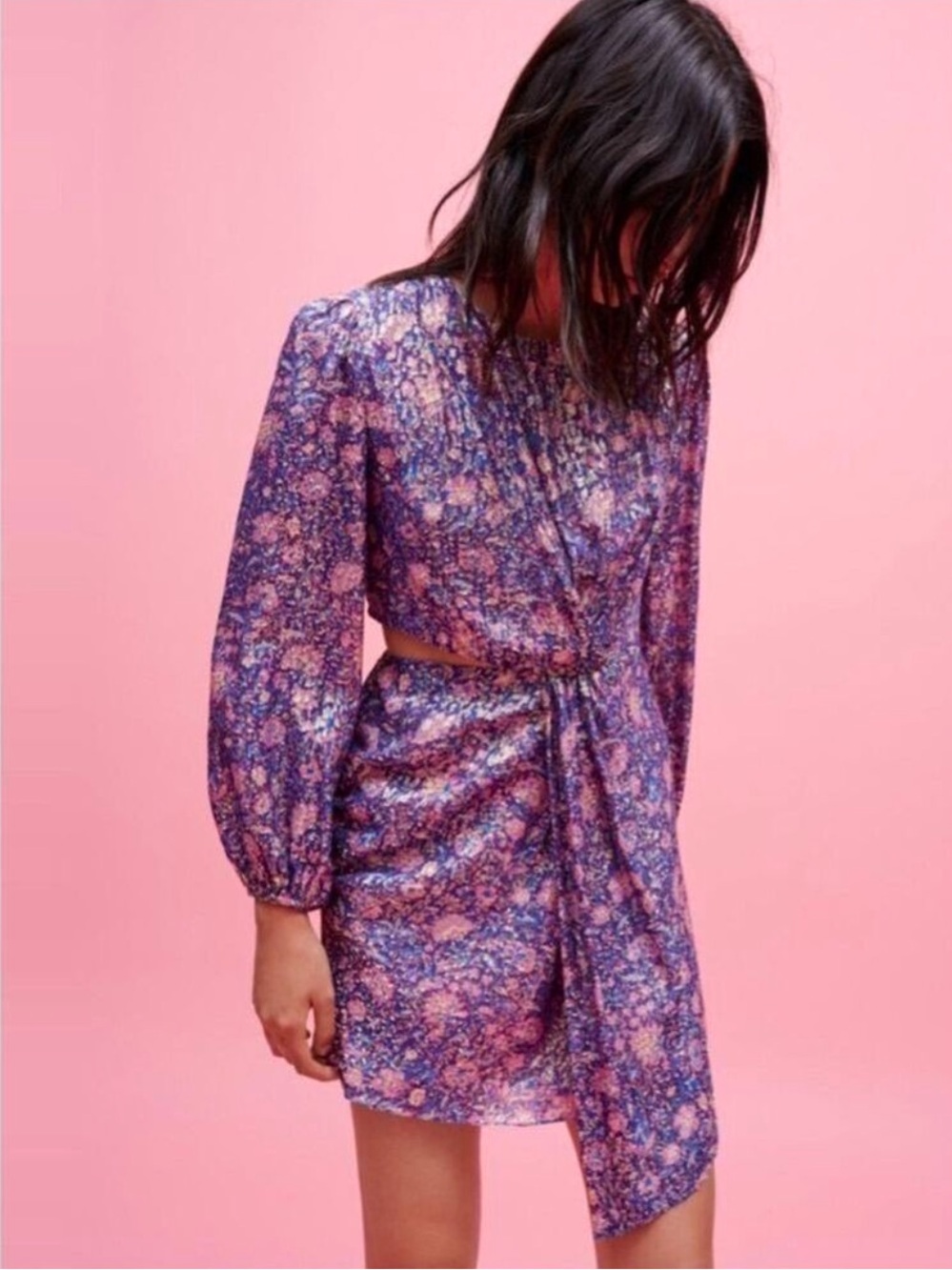Maje Roletex satin Purple Floral metallic cut out long sleeve dress